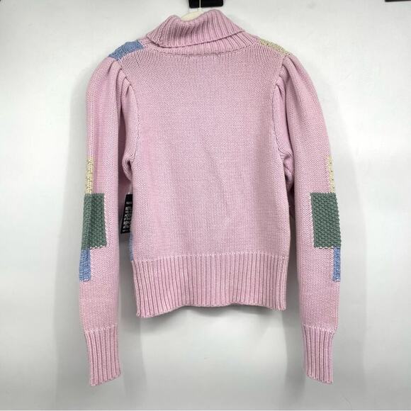 NWT Loveshackfancy ALLAN APPLIQUÉD PATCHWORK KNITTED TURTLENECK SWEATER IN PINK - Picture 4 of 7